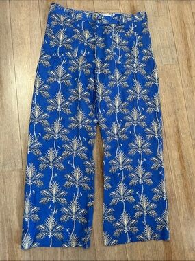 Zara cotton semi- sheer Blue Palm-Print Lounge Pants front pockets no side stich